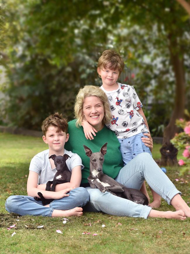 Clare O'Neil with sons Elvis and Louis, and dogs Clover and Blossom.