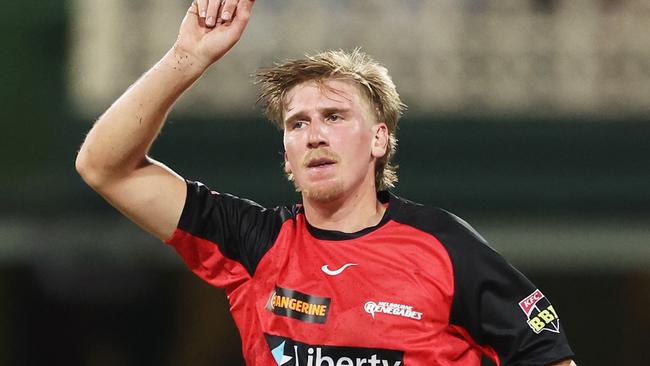 SYDNEY, AUSTRALIA - DECEMBER 16:  Will Sutherland of the Renegades celebrates taking the wicket of Joel Davies of the Sixers during the BBL match between Sydney Sixers and Melbourne Renegades at Sydney Cricket Ground, on December 16, 2024, in Sydney, Australia. (Photo by Matt King/Getty Images)