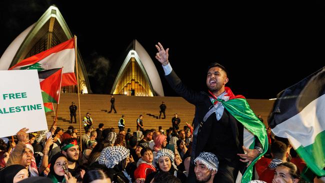 Pro-Palestine supporters are rallying at Sydney Town Hall as the conflict between Israel and Palestinians escalates. They marched form Town Hall to the Sydney Opera House. Picture: David Swift