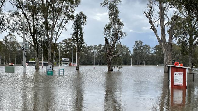 Shepparton's Princess Park football ground, near the Goulburn River, remains a makeshift lake from last weekends floods. Picture: Kiel Egging