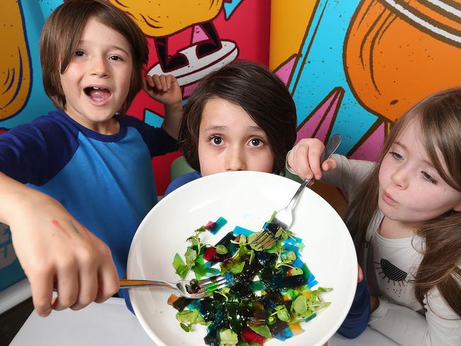 Arlo, 7, Noah, 9, and Bo, 5, with some rainbow pasta. Picture: Ian Currie