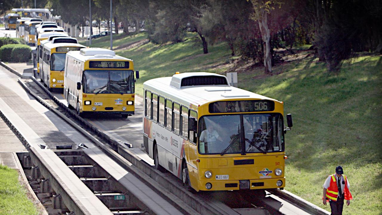 Buses line up at the Paradise interchange entering the O-Bahn busway in 2006 after an accident. Picture: Mike Burton