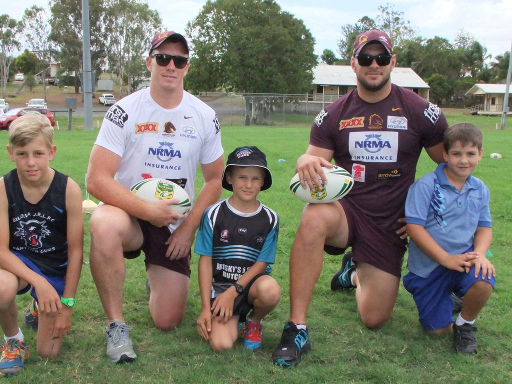 Young Pattie (middle) with Broncos stars Jack Reed and Mitchell Dodds. Picture: George Smith/Central &amp; North Burnett Times