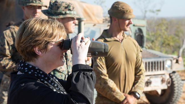 Defence Minister Linda Reynolds watching a live fire exercise at Mt Bundey. Picture: Supplied