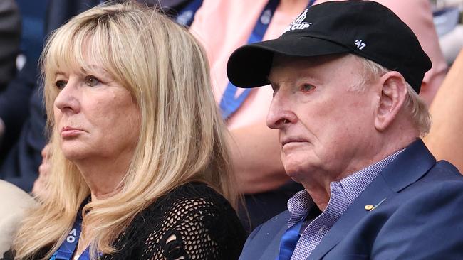 Rod Laver and partner Susan Johnson watch on during an Alex de Minaur match at last year’s Australian Open. (Photo by Kelly Defina/Getty Images)