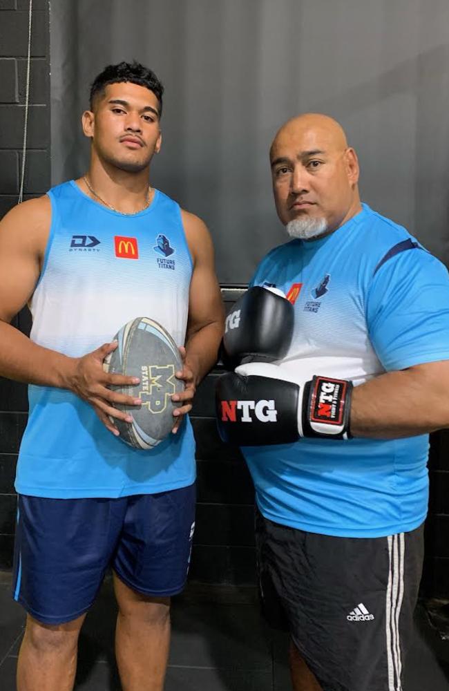 Titans youngster Alex Leapai Jnr and his father Alex Snr. NRL Imagery