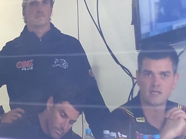 Penrith assistant coach Trent Barrett hard at work during the win over the Sharks.