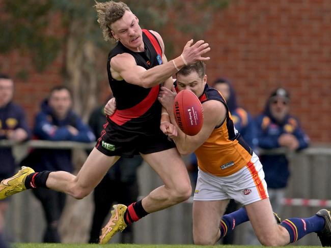 EDFL: Pascoe Vale’s Rhys Ritchie and Heath Shaw of East Keilor clash. Picture: Andy Brownbill