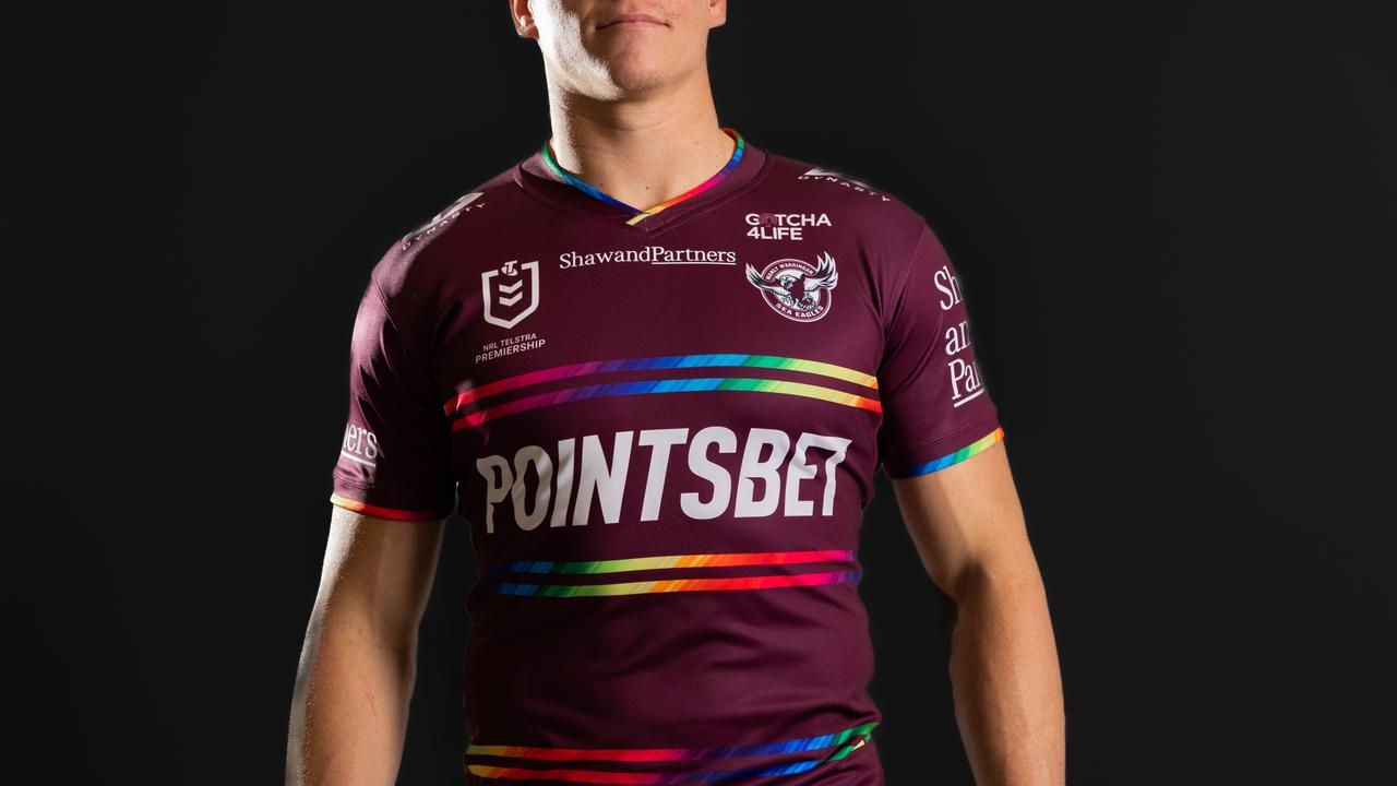 Manly's Sean Keppie, Kieran Foran and Reuben Garrick in the Sea Eagle's Pride jersey. Pic: Manly Digital