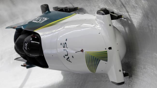 Australia’s four-man bobsled during a training run at the Winter Olympics. Picture: AP