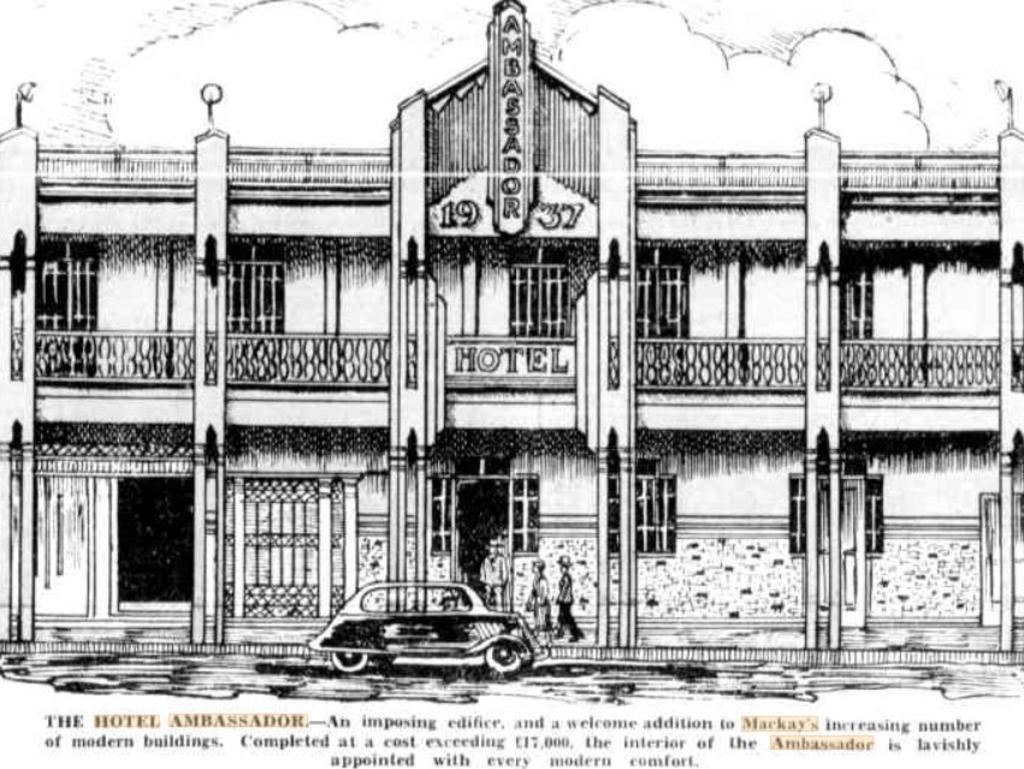 A drawing of the Ambassador Hotel in Sydney Street, Mackay. The hotel is one of many examples of art deco architecture in the region.