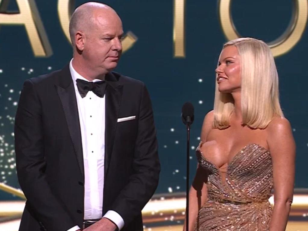 Tom Gleeson and Sophie Monk presented an award to an absent Guy Pearce. Picture: Channel 9