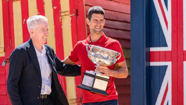 Craig Tiley and Novak Djokovic after his 2021 Australian Open win. Picture: Andy Cheung/Getty Images