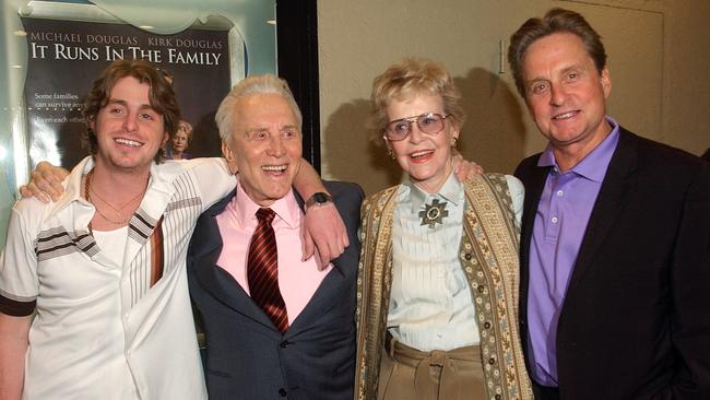 Diana Douglas with her son Michael, right, his son Cameron, left, and her former husband Kirk in 2003.