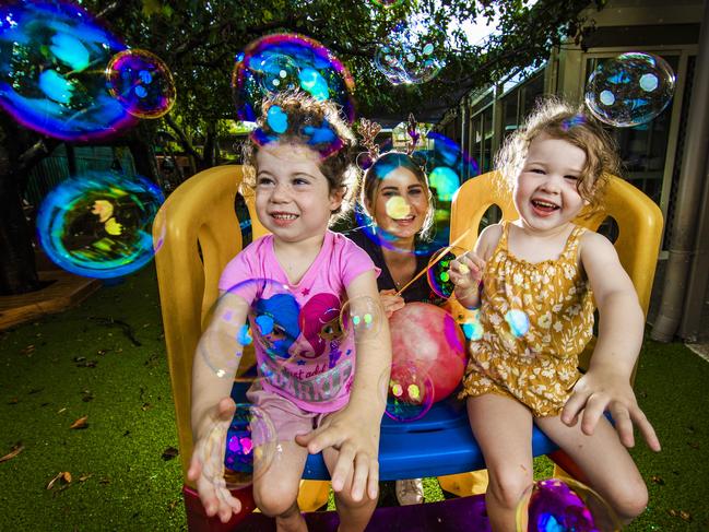 Three-year-olds Layke and Isabella with educator Shanelle Everest. Picture: Nigel Hallett