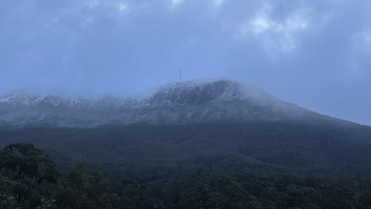 A snow-covered kunanyi/Mt Wellington on Monday evening.