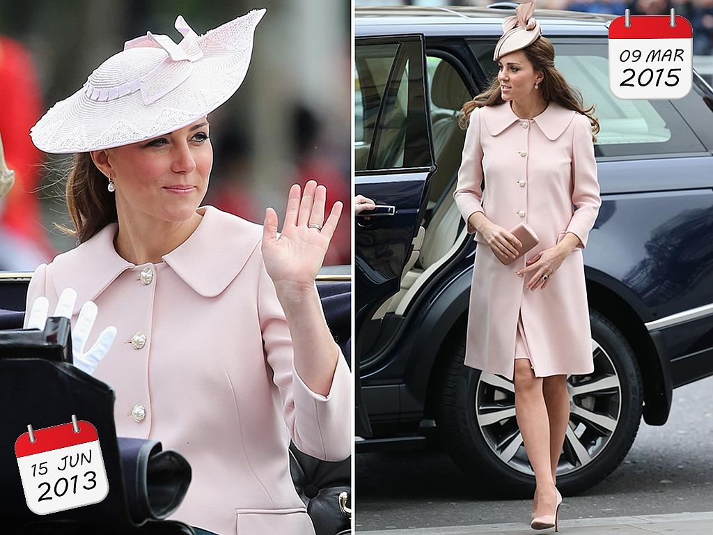 Catherine is pretty in pink, doesn’t let this perfect McQueen coat go to waste spotted back in 2013 then again on March 9, 2015 on the streets of London. Picture: Getty