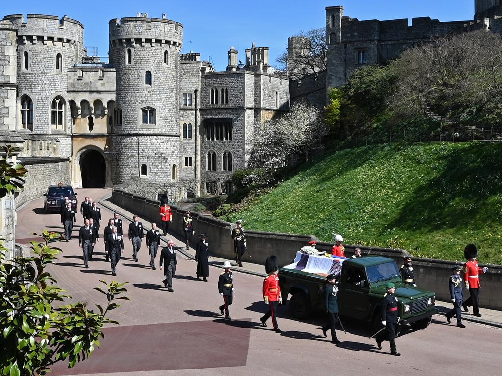 Prince Philip’s coffin was driven to the chapel in his custom made Land Rover. Picture: Leon Neal/WPA Pool/Getty Images