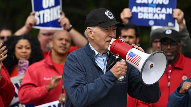 US President Joe Biden addresses striking members of the United Auto Workers union at a picket line outside a General Motors plant in Belleville, Michigan, on Tuesday. Picture: AFP