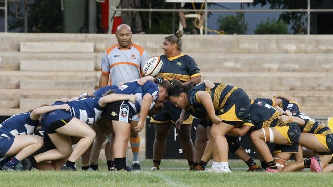 Darwin Dragons vs. Casuarina Cougars Women's sides in a scrum. Picture: From The Sideline Sports Photography.