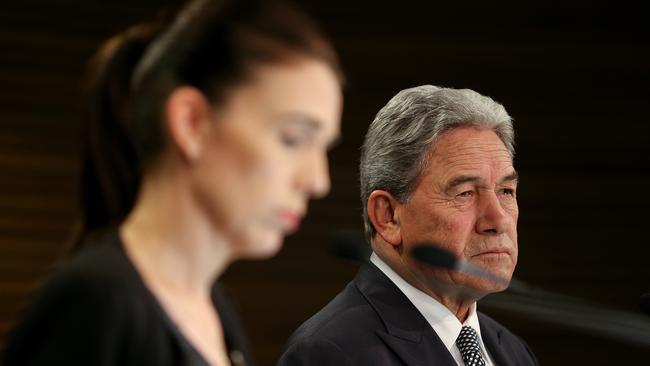 New Zealand Prime Minister Jacinda Ardern (left) and Deputy Prime Minister Winston Peters speak to the media earlier this month. Picture: Getty Images