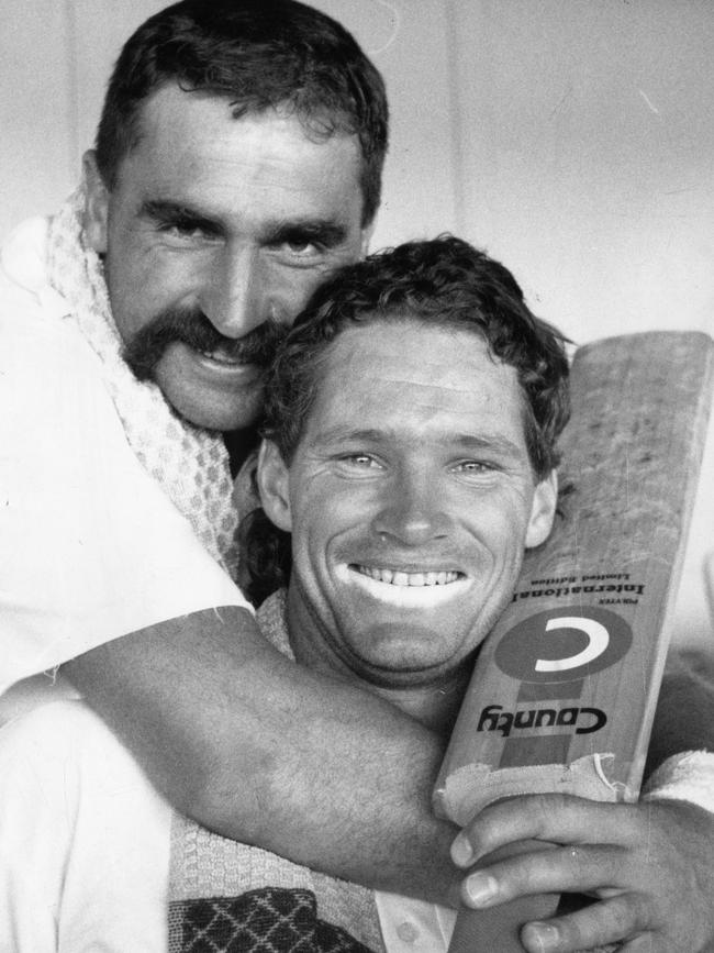 Merv Hughes and Dean Jones after a Test at Adelaide Oval in 1989