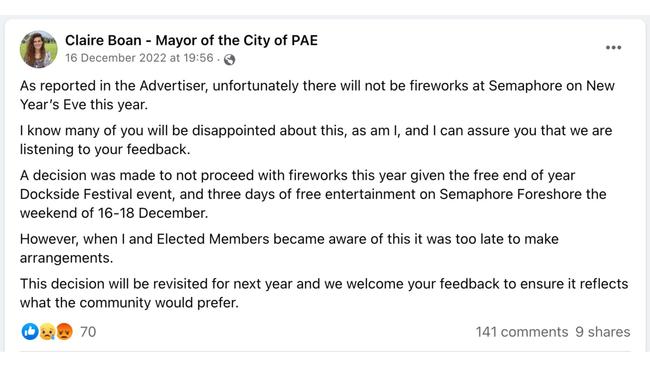 Ms Boan's response to criticism over the decision to can the NYE fireworks display at Semaphore. Picture: Facebook