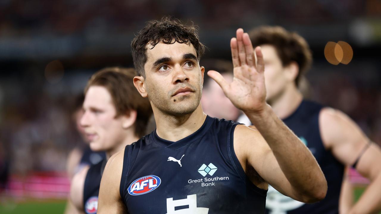 BRISBANE, AUSTRALIA - SEPTEMBER 23: Jack Martin of the Blues looks dejected after a loss during the 2023 AFL Second Preliminary Final match between the Brisbane Lions and the Carlton Blues at The Gabba on September 23, 2023 in Brisbane, Australia. (Photo by Michael Willson/AFL Photos)