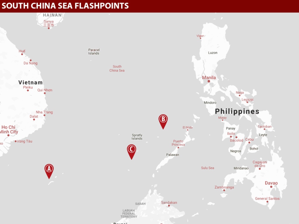 A) Vanguard Bank standoff between China and Vietnam, B) Recent sinking of a Philippines fishing vessel, C) Chinese 'interference' with Malaysian vessels. Picture: Supplied