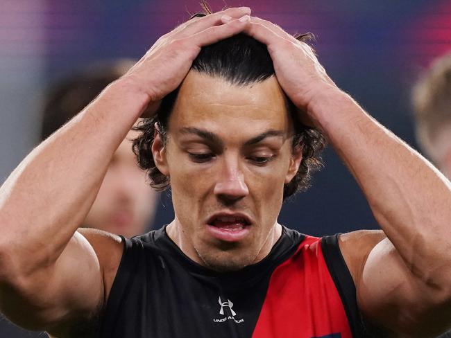 Dylan Shiel of the Bombers looks dejected after defeat during the Round 4 AFL match between the Essendon Bombers and the Carlton Blues at the MCG in Melbourne, Saturday, June 27, 2020. (AAP Image/Michael Dodge) NO ARCHIVING, EDITORIAL USE ONLY