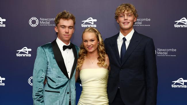Hayden Jones, Emerson Jones and Cruz Hewitt at the Newcombe Medal. They were nominated for the junior player of the year award. (Photo by Graham Denholm/Getty Images for Tennis Australia)