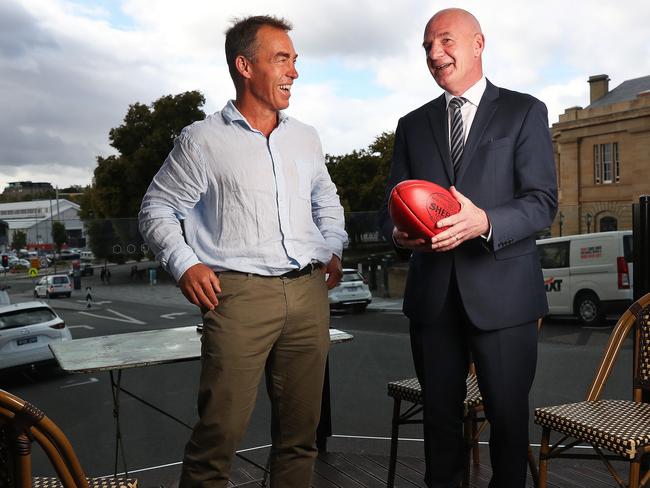 Premier Peter Gutwein with former Hawthorn Football  Club coach Alastair Clarkson. Clarkson is set to help Tasmania gain an AFL team.  Picture: Nikki Davis-Jones