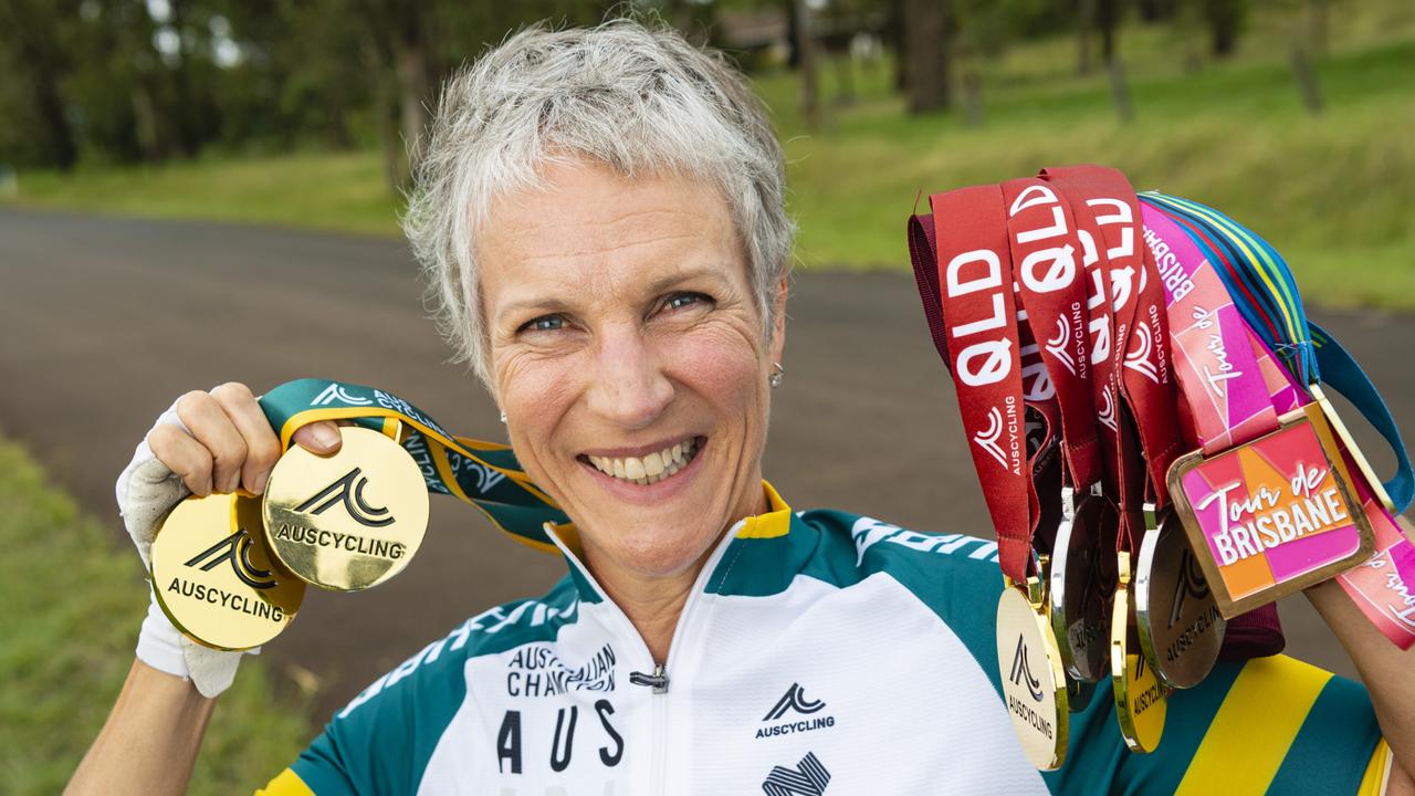 Cyclist Anne Elliott shows off her recent medal haul. Picture: Kevin Farmer