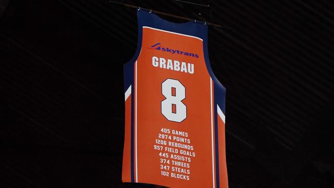 Cairns Taipans Legend Aaron Grabau was feted on his retirement after playing 405 games for the club before the Round 12 NBL match between the Cairns Taipans and the Adelaide 36ers at the Cairns Convention Centre in Cairns, Sunday, December 22, 2019. (AAP Image/Brian Cassey)