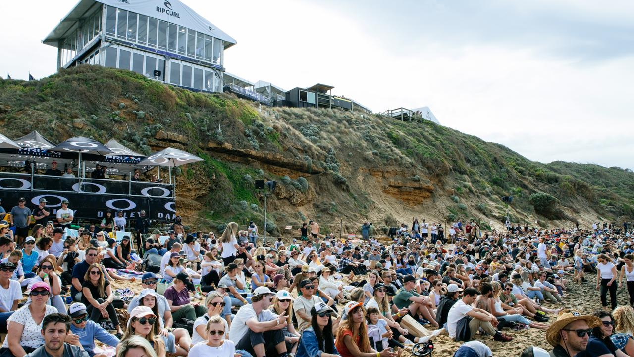 A big crowd enjoys the action at the Rip Curl classic. Picture: World Surf League