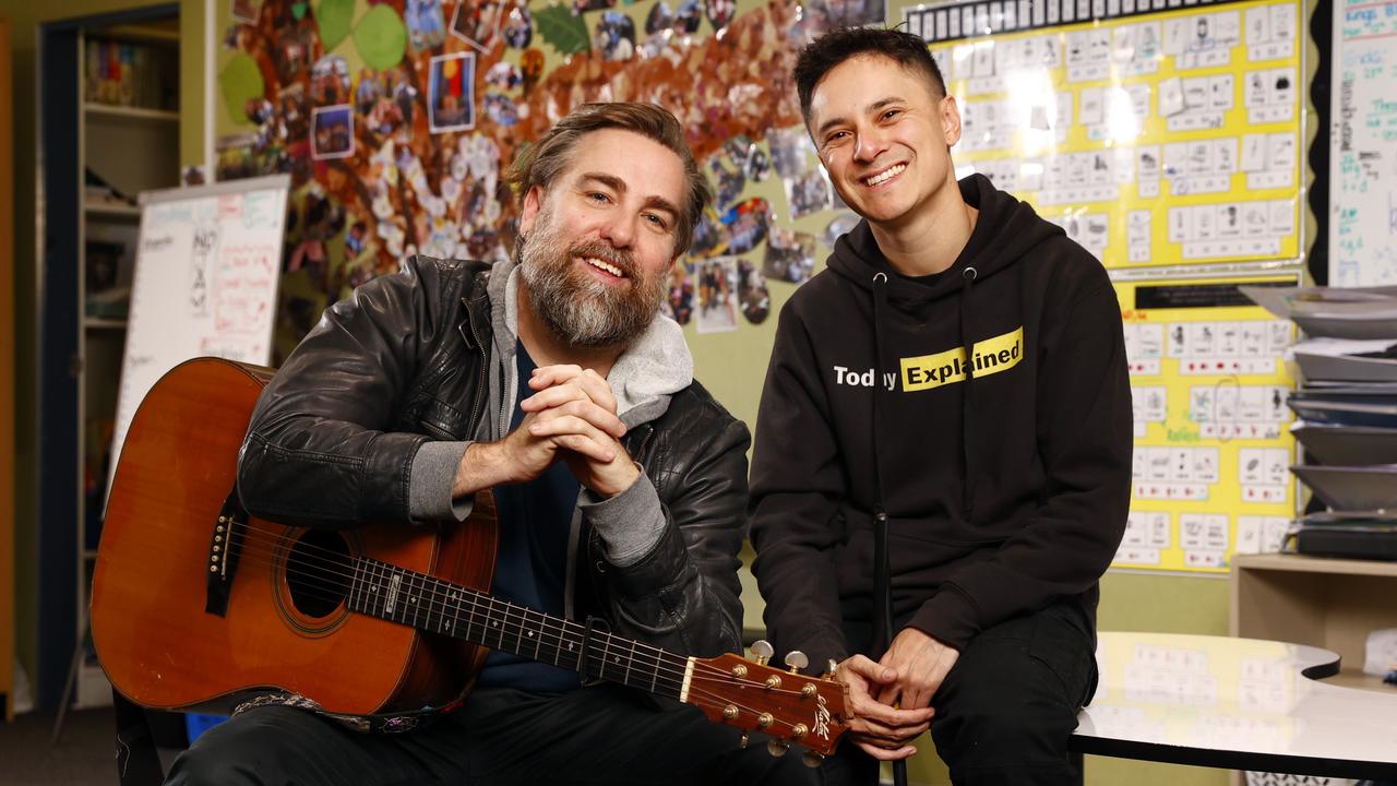 Pyke and DOBBY are involved in Busking For Change to engage primary students in a joyful multi-literacy activity incorporating song, music, movement and language. Picture: Richard Dobson