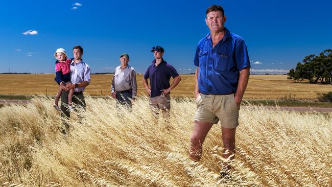 Farmer Chris Johns (right), is Dean Johns’ brother. He is pictured with his family (L-R) Mitch, holding his daughter Evie (4), dad Max (86) and Lachie on their property in Dooen near Horsham in western Victoria. Aaron Francis / The Australian