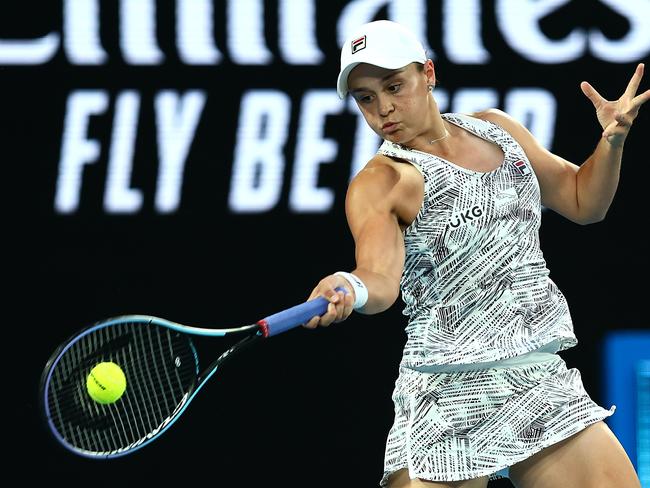 MELBOURNE, AUSTRALIA - JANUARY 27: Ashleigh Barty of Australia plays a forehand in her Women's Singles Semifinals match against Madison Keys of United States during day 11 of the 2022 Australian Open at Melbourne Park on January 27, 2022 in Melbourne, Australia. (Photo by Clive Brunskill/Getty Images)