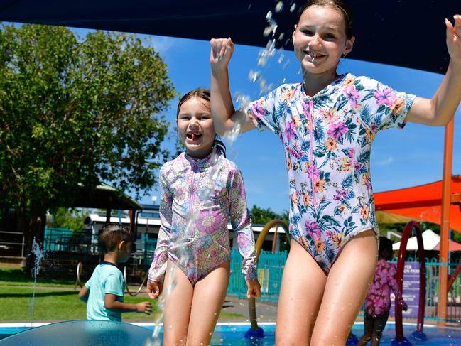 Murphy Wolthers and Isla Wolthers enjoys their school holidays at the Leanyer Recreation Water Park, Darwin. Picture: Pema Tamang Pakhrin