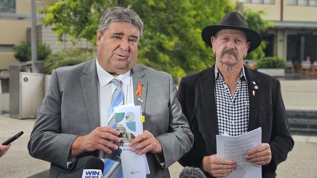 Local Government Minister Kerry Vincent (left) and Local Government Association of Tasmania president Mick Tucker speaking about the government’s response to the Future of Local Government Review, last week. Picture: David Killick