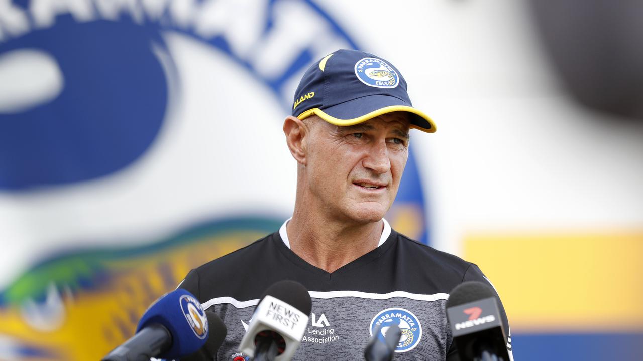 Parramatta Eels head coach Brad Arthur addressing the media at Kellyville Park ahead of the team's round one clash with the Brisbane Broncos. Picture: Jonathan Ng