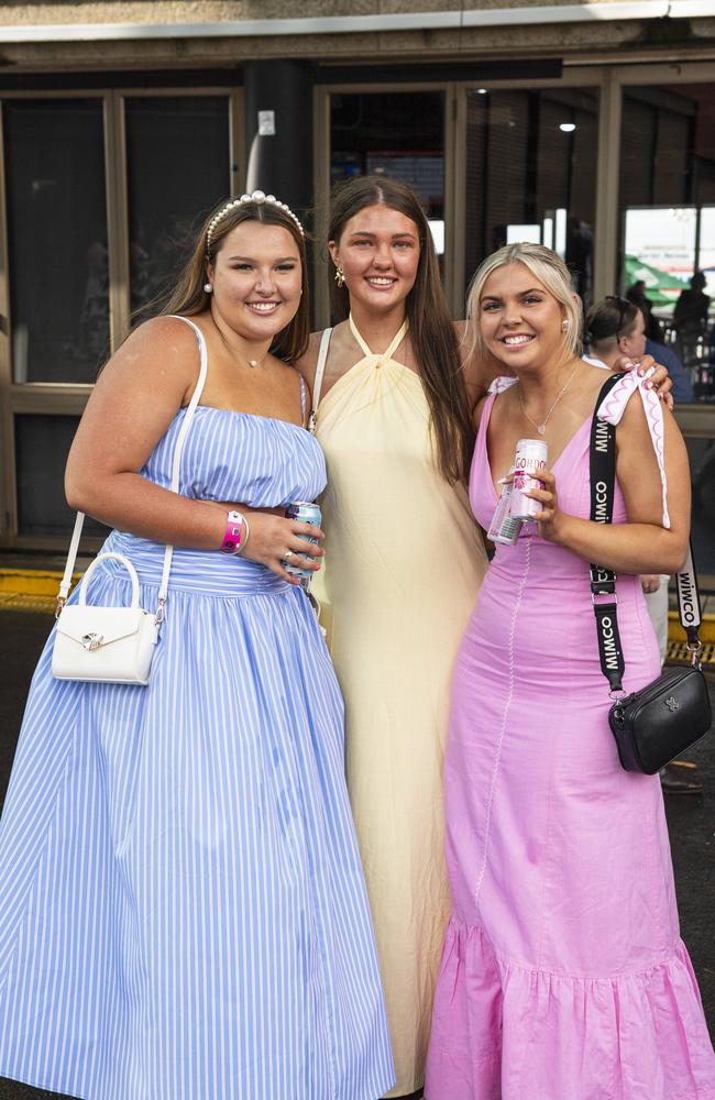 At Weetwood raceday are (from left) Amelia Land, Angela Wust and Maddi Seefeld at Clifford Park, Saturday, September 28, 2024. Picture: Kevin Farmer