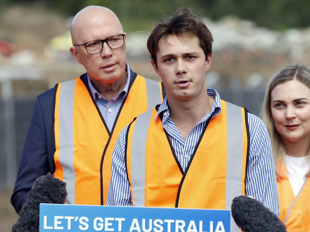 Peter Dutton at a press conference with his son Harry. Picture: Richard Dobson / Newswire