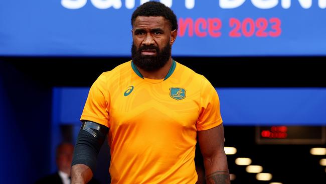 PARIS, FRANCE - SEPTEMBER 09: Marika Koroibete of Australia looks on as he walks out of the tunnel prior to the Rugby World Cup France 2023 match between Australia and Georgia at Stade de France on September 09, 2023 in Paris, France. (Photo by Chris Hyde/Getty Images)