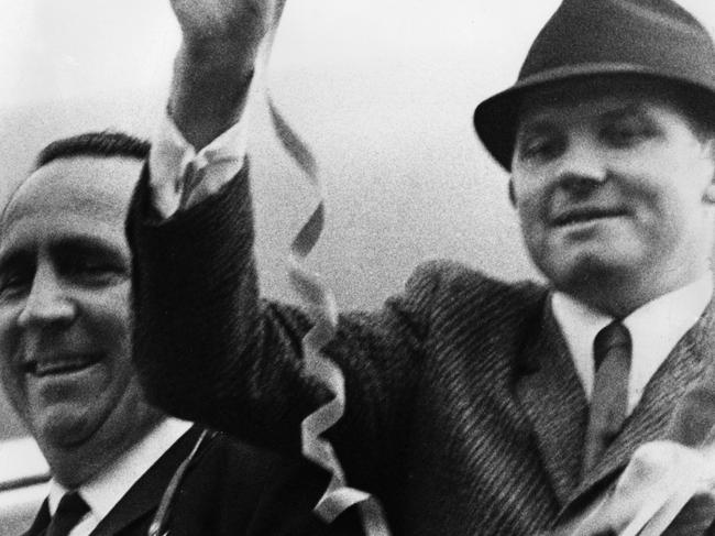 Lennie McPherson and Stan Smith aboard a vessel about to depart Sydney in 1968. Picture: Fairfax Archives