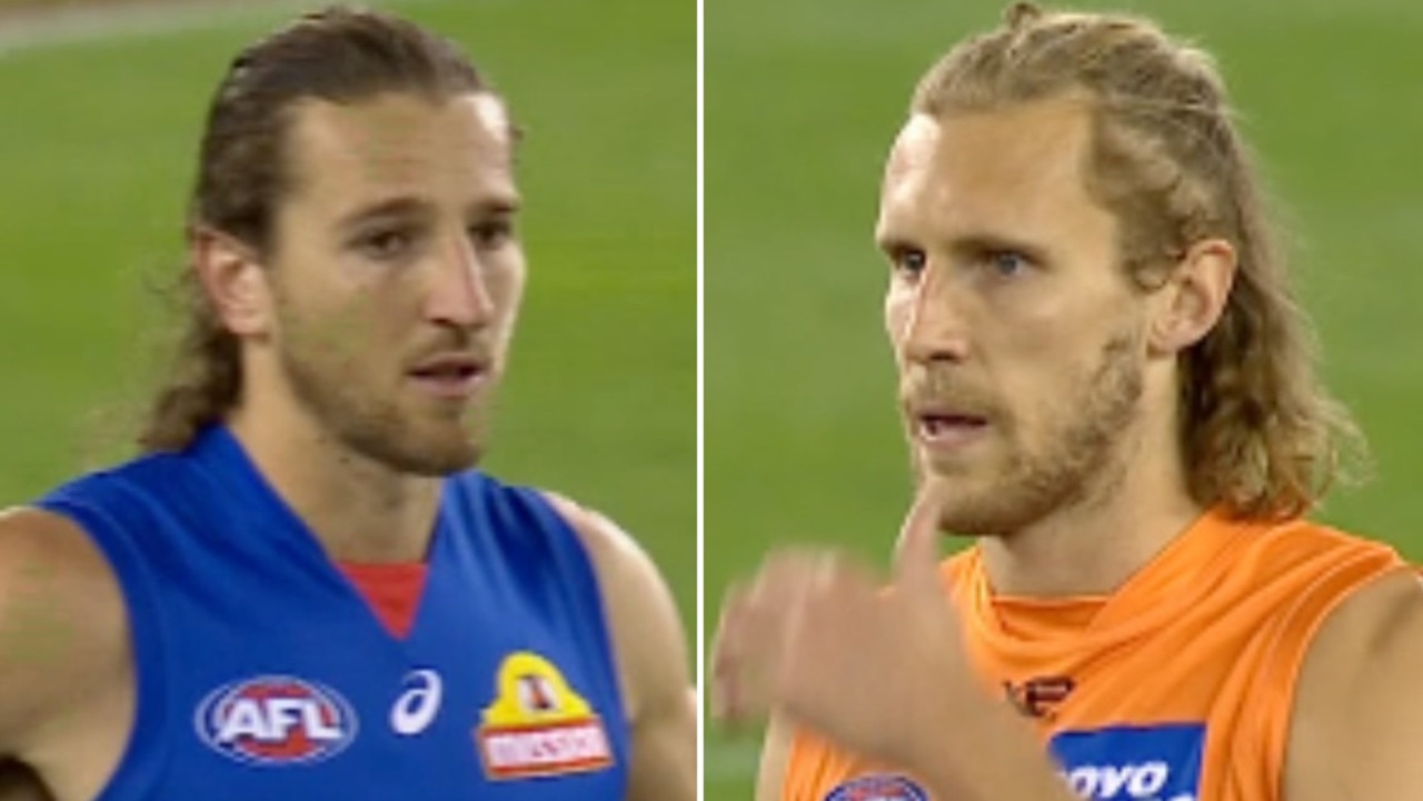 Nick Haynes stares down Marcus Bontempelli ahead of Friday night's clash.