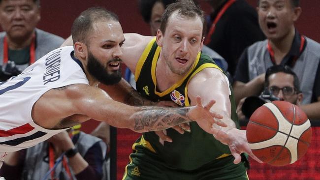 Joe Ingles fights for a loose ball against France. Picture: Getty Images