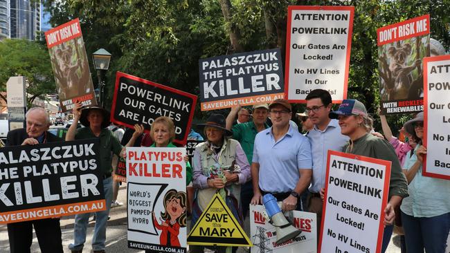 David Littleproud with MPs and protestors including Katy McCallum, right, at a Brisbane rally.