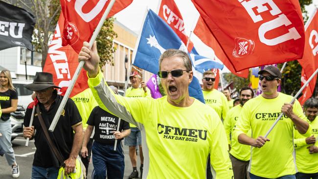 CFMEU Queensland chief Michael Ravbar leads members in the Labour Day 2022 Toowoomba march. Picture: Kevin Farmer