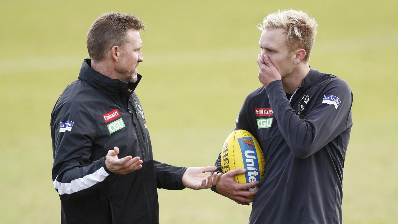 Nathan Buckley and Jaidyn Stephenson during their time at Collingwood in 2019. Picture: Daniel Pockett